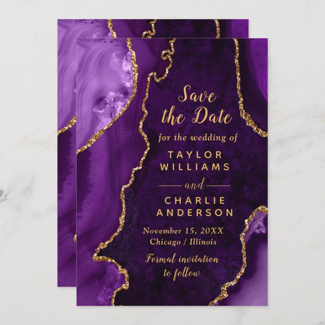 Invitation Purple and Gold Agate Marble Save The Date (Devant / Derrière)
