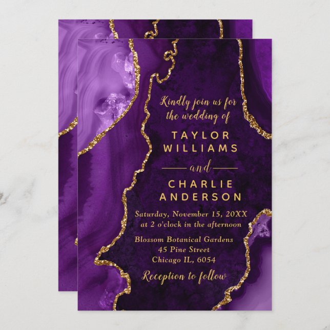 Invitation Purple and Gold Agate Marble Wedding (Devant / Derrière)