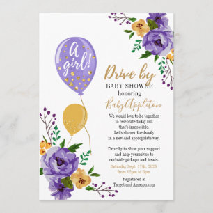Invitation Purple and Gold Floral Drive By Baby shower