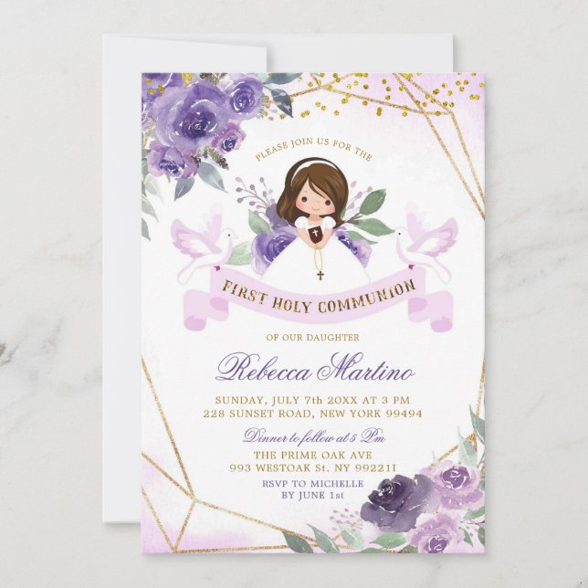 Invitation Purple and Gold Girl Floral First Holy Communion (Devant)