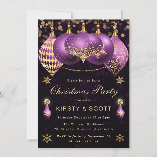 Invitation Purple and Gold Glitter Baubles Christmas Party (Devant)