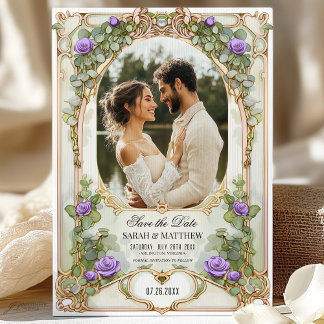 Invitation Purple and Gold Green Save the Date avec photo