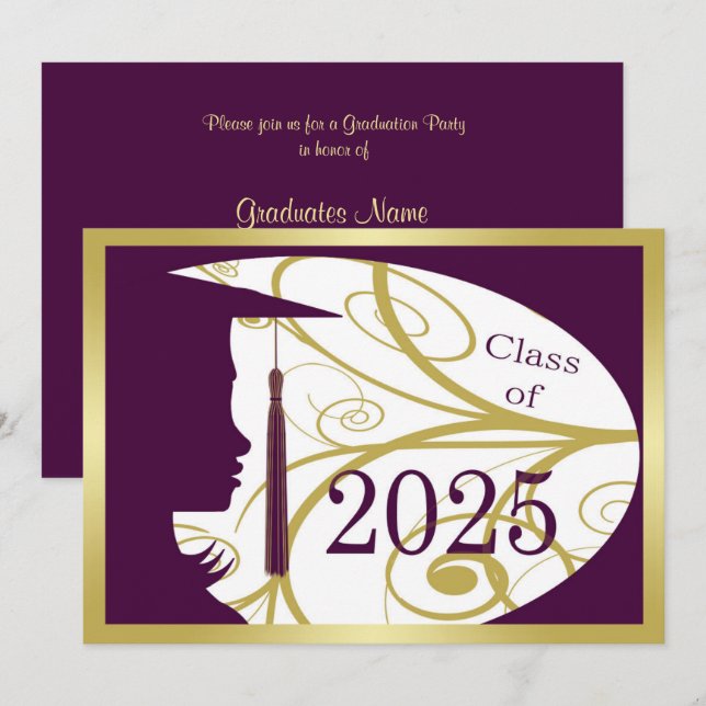 Invitation Purple and Gold Silhouette 2025 Graduation Party (Devant / Derrière)