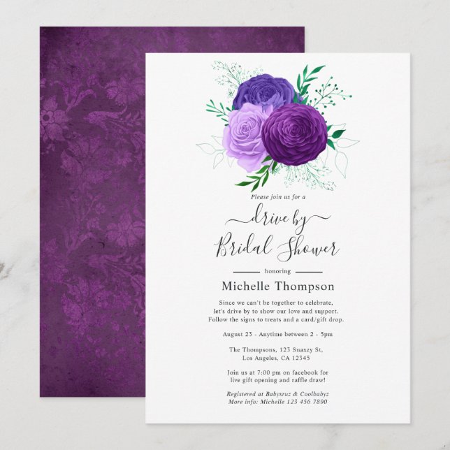 Invitation Purple and Green Floral Drive By Douche (Devant / Derrière)