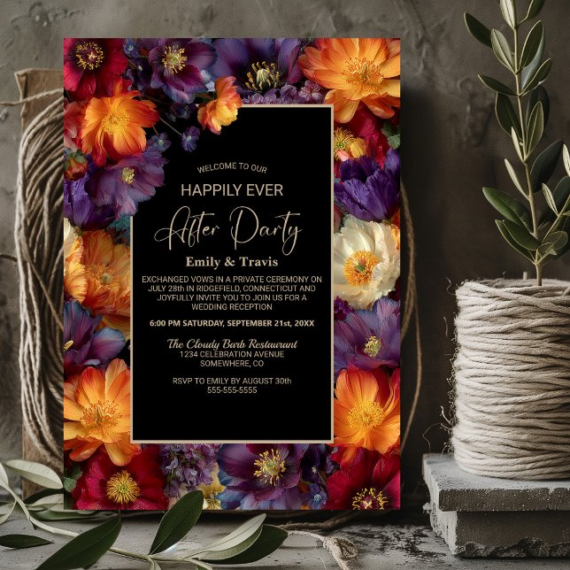 Invitation Purple and Orange Floral Black Wedding After Party (Créateur téléchargé)