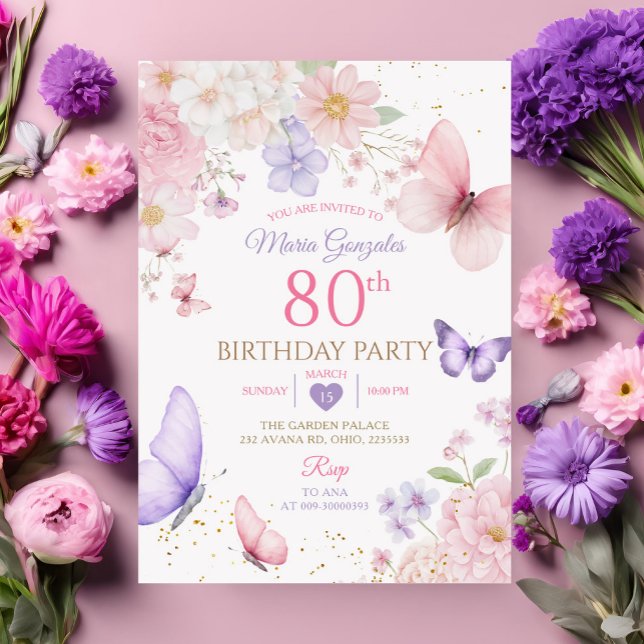 Invitation Purple and Pink Floral Butterfly 80th Birthday (Créateur téléchargé)