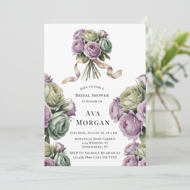 Invitation Purple and Sage Green Roses Bridal Shower (Debout devant)