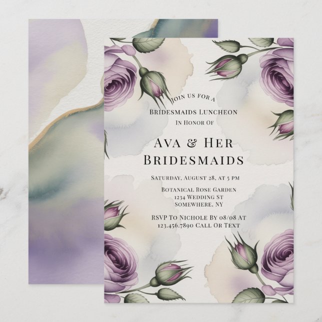 Invitation Purple and Sage Green Roses Bridesmaids Luncheon (Devant / Derrière)
