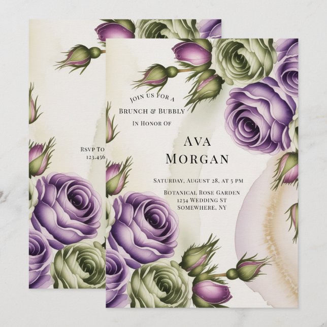 Invitation Purple and Sage Green Roses Brunch & Bubbly (Devant / Derrière)
