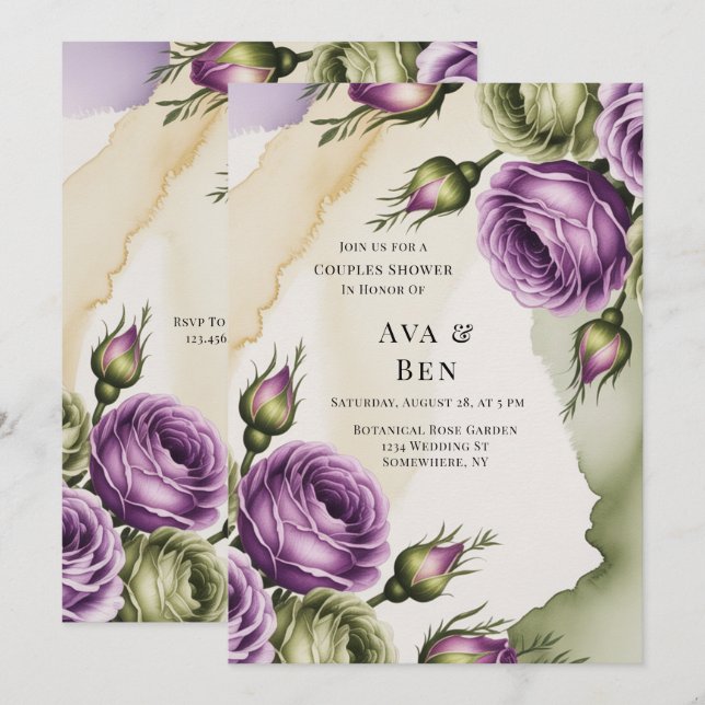 Invitation Purple and Sage Green Roses Painted Couples Shower (Devant / Derrière)