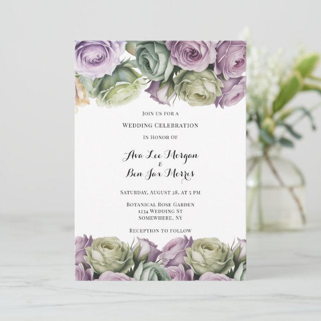 Invitation Purple and Sage Green Roses Painted Wedding (Debout devant)
