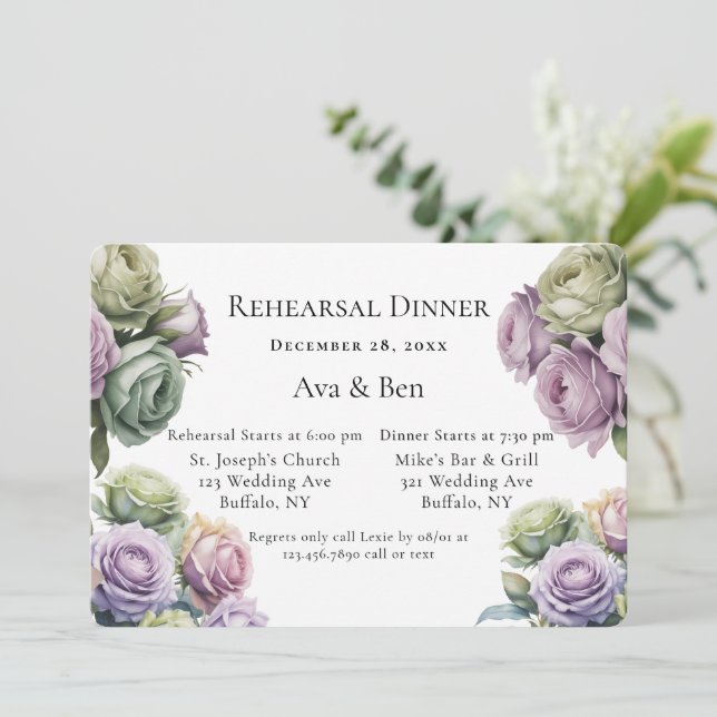 Invitation Purple and Sage Green Roses Rehearsal Dinner (Debout devant)