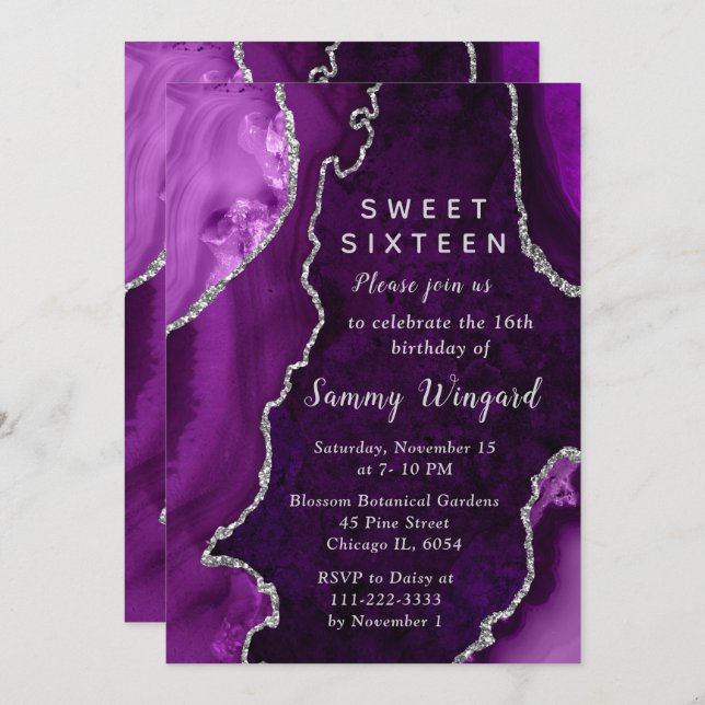 Invitation Purple and Silver Agate Marble Sweet Sixteen (Devant / Derrière)