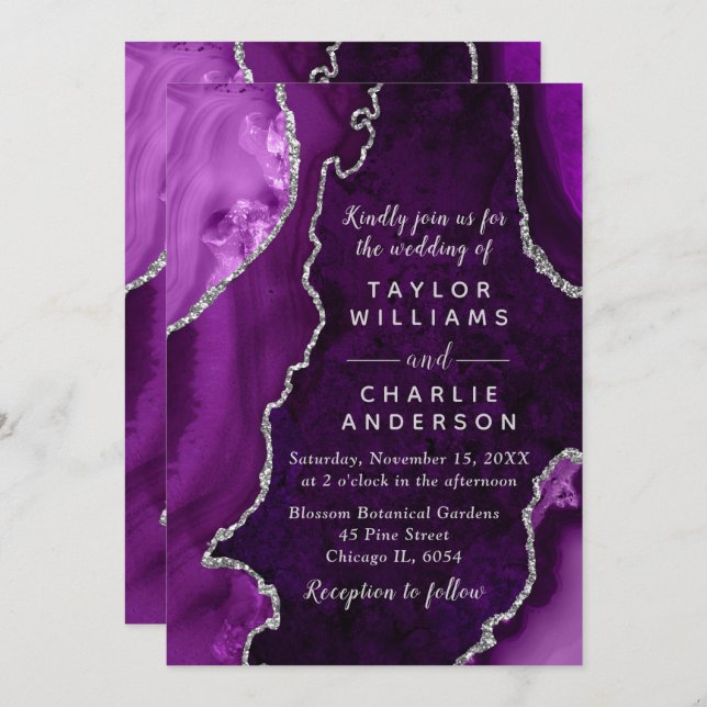 Invitation Purple and Silver Agate Marble Wedding (Devant / Derrière)
