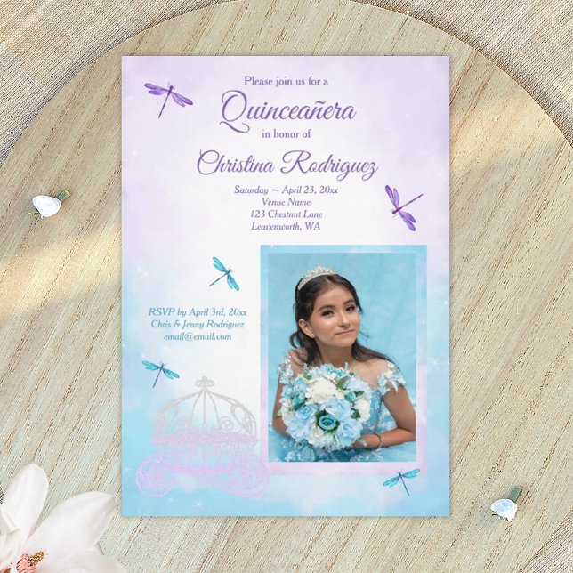 Invitation Purple and Turquoise, Dragonflies Quinceañera (light purple quinceanera invitations)