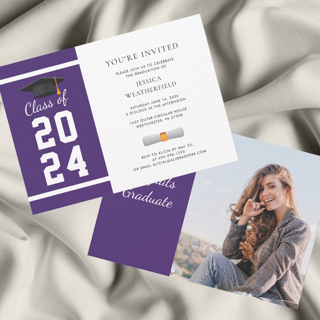 Invitation Purple and White Graduate Photo Party (Purple 2024 Graduation Party Grad Photo Invitation)