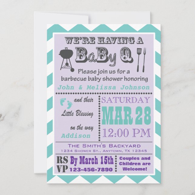 Invitation Purple & Aqua Barbecue BaByQ Baby showers Invitati (Devant)