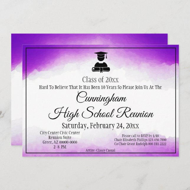 Invitation Purple Aquarelle Classe secondaire Réunion (Devant / Derrière)