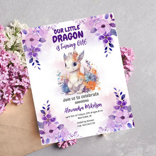Invitation Purple Aquarelle Dragon Bébé 1er Anniversaire