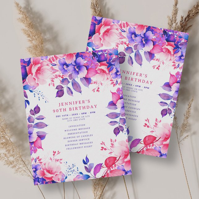 Invitation Purple Aquarelle Florale 90e Anniversaire Programm (Purple Watercolor Floral 90th Birthday Program )