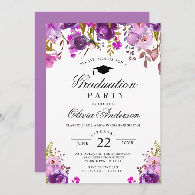 Invitation Purple Aquarelle Florale Moderne Graduation Party (Devant / Derrière)