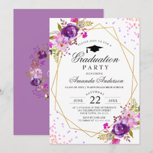 Invitation Purple Aquarelle Florale Moderne Graduation Party