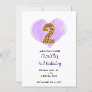 Invitation Purple Aquarelle Heart Gold Parties scintillant 2e