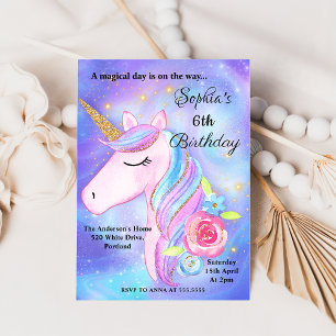 Invitation Purple Aquarelle Magique Unicornes fête d'annivers