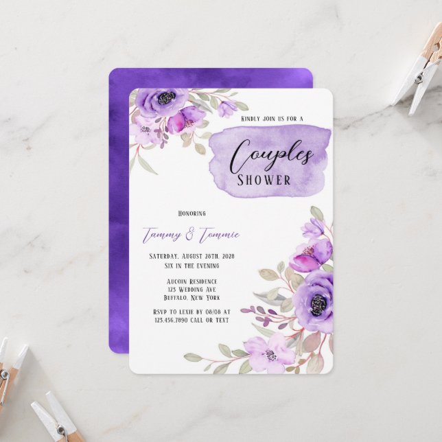 Invitation Purple Aquarelle Peony Fleurs Couples Douche Inv (Devant/Arrière en situation)