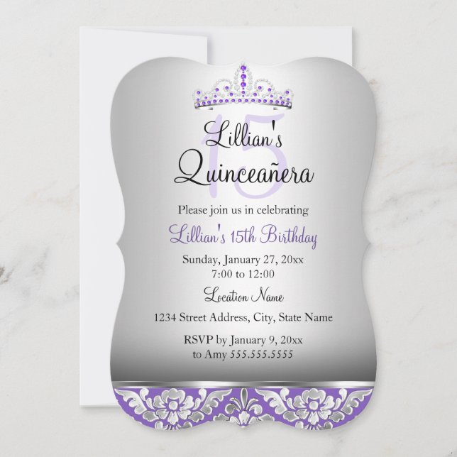 Invitation Purple Argent Damask & Diadème pour Qui (Devant)