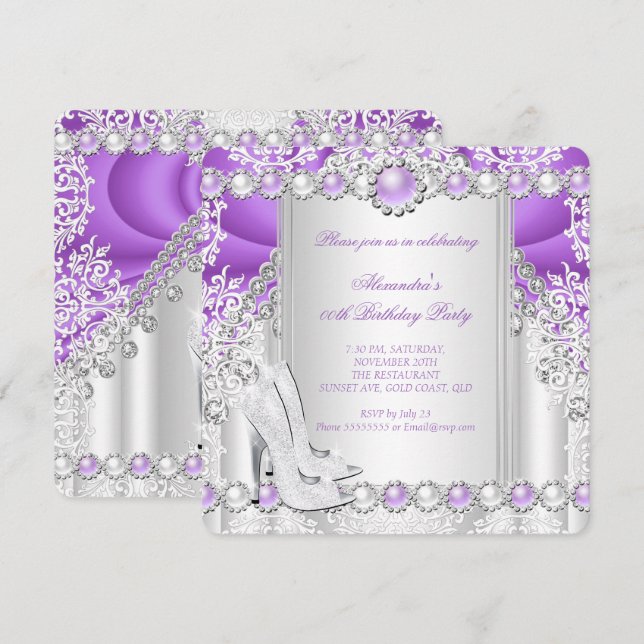 Invitation Purple Argent Haut talons Perle fête d'anniversair (Devant / Derrière)