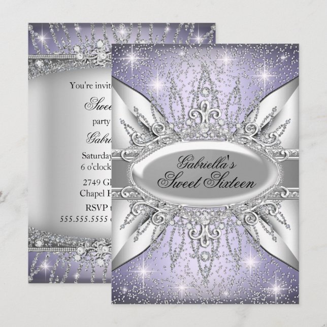 Invitation Purple & Argent Sparkle Diamond Sweet 16 Invitatio (Devant / Derrière)
