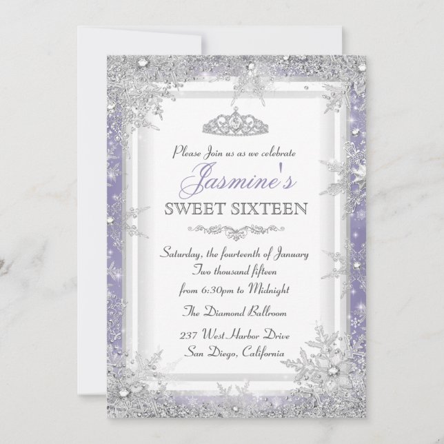 Invitation Purple Argent Sweet 16 Winter Wonderlan (Devant)