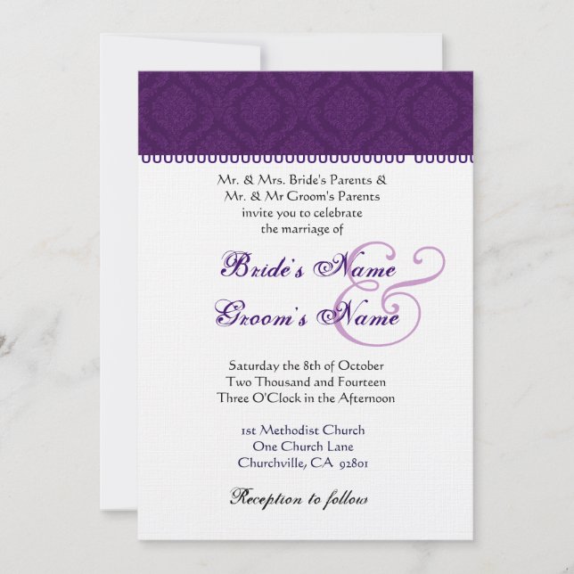 Invitation Purple aubergine et Mariage damassé blanche (Devant)