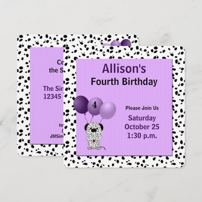 Invitation Purple avec Dalmations 4e fête d'anniversaire (Devant / Derrière)