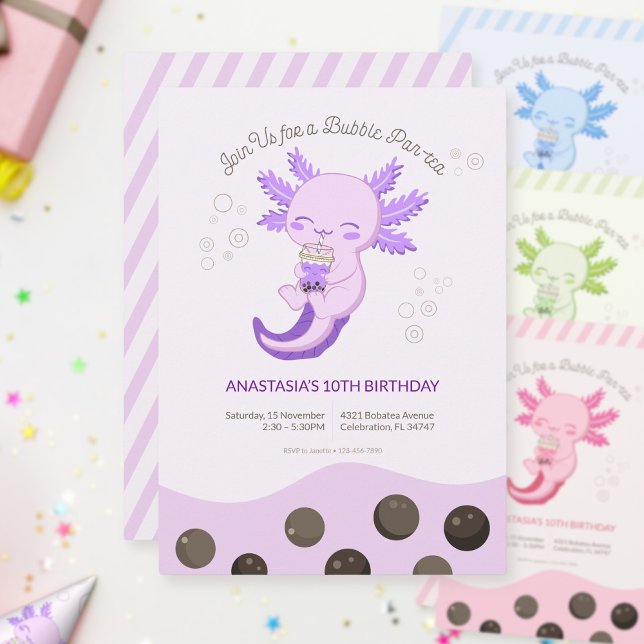 Invitation Purple Axolotl Bubble Boba Tea Girl Anniversaire (Créateur téléchargé)