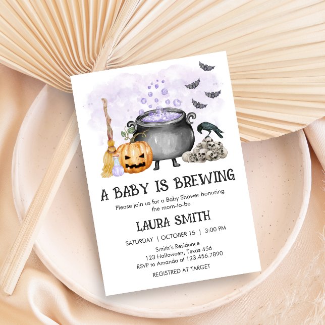 Invitation Purple Baby is Brewing Halloween Baby Shower (A Baby is Brewing Purple Halloween Baby Shower Invitation)