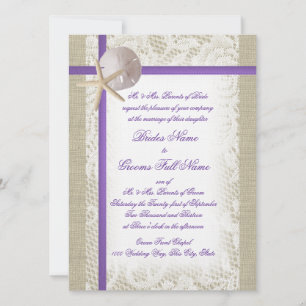 Invitation Purple Beach Burlap et Vintage Lace Mariage