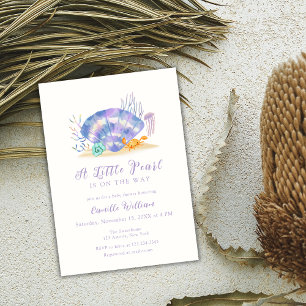 Invitation Purple Beach Ocean Little Pearl Girl Baby shower