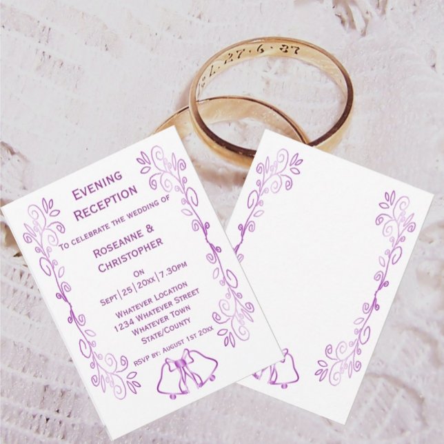 Invitation Purple Bells Défilement Mariage Réception (Purple wedding reception invitation bells and scrollwork design)
