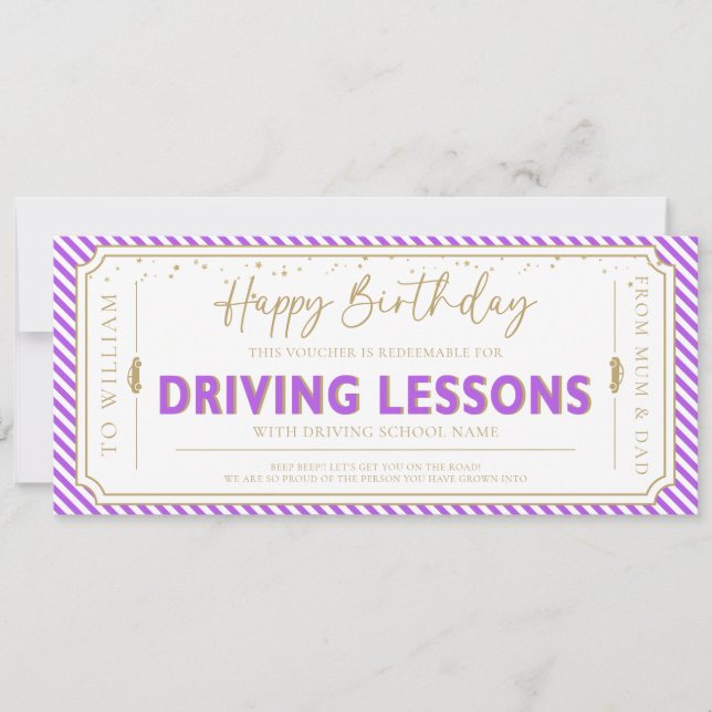 Invitation Purple Birthday Driving Lessons Gift Voucher Card (Devant)