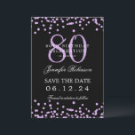 Invitation Purple Black 80th Birthday Save Date Détails<br><div class="desc">Elégant design "70th Birthday Party" avec faux confettis de parties scintillant & détails texte. Facile à utiliser et facile à personnaliser. Commandez aujourd'hui !</div>