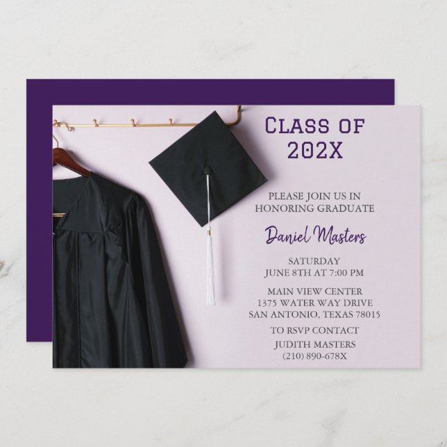 Invitation Purple/Black Casquette & Gown Graduation Invitatio (Devant / Derrière)