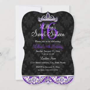 Invitation Purple Black Damask & Diadème pour Swee