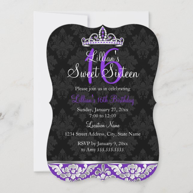 Invitation Purple Black Damask & Diadème Sweet 16 (Devant)