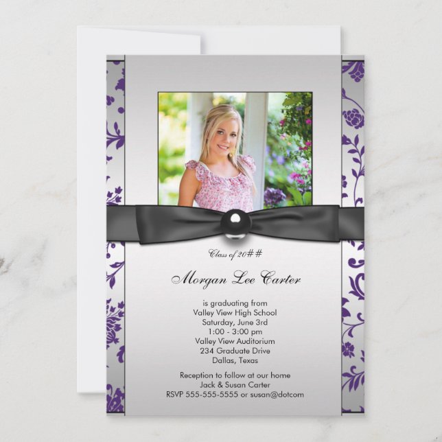 Invitation Purple Black Damask Girls Photo Graduation (Devant)