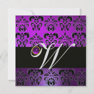 INVITATION PURPLE BLACK DAMASK MONOGRAM AMÉTHYST SILVER METAL