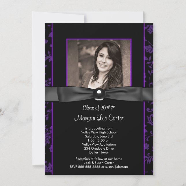 Invitation Purple Black Damask Photo Graduation (Devant)