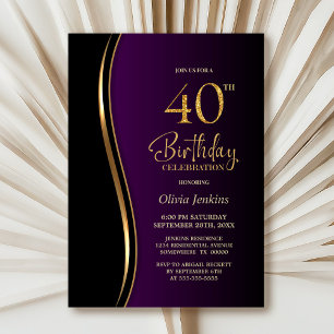 Invitation Purple Black Gold 40e fête d'anniversaire