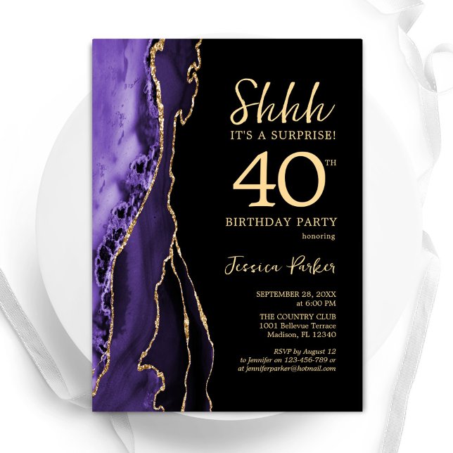 Invitation Purple Black Gold Agate Surprise 40e anniversaire (Créateur téléchargé)